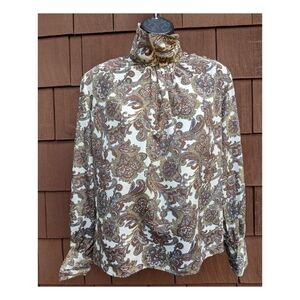 Vintage Andre Sauvage Green Paisley turtleneck long sleeve blouse 6